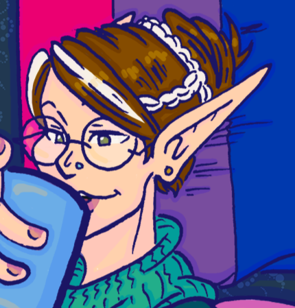 Bernadine enjoying a warm drink while reading a book.