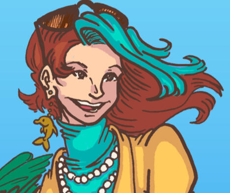 Marina on a cruise ship with plushies of her ex-husband and daughter.